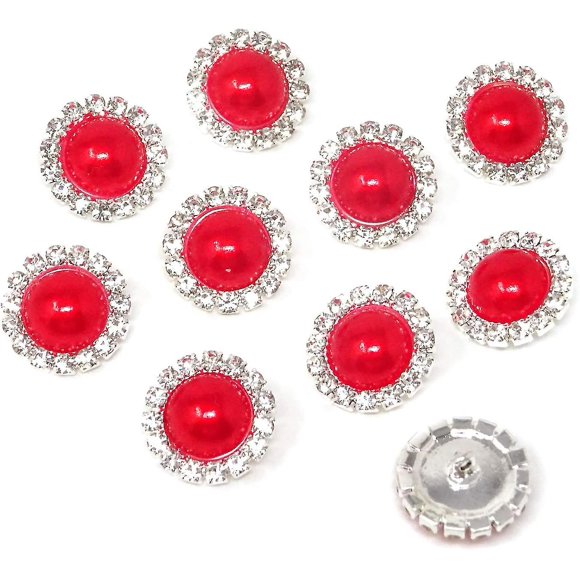10pcs 16mm Round Rhinestone Faux Pearl Buttons Embellishments - Sew On (red)