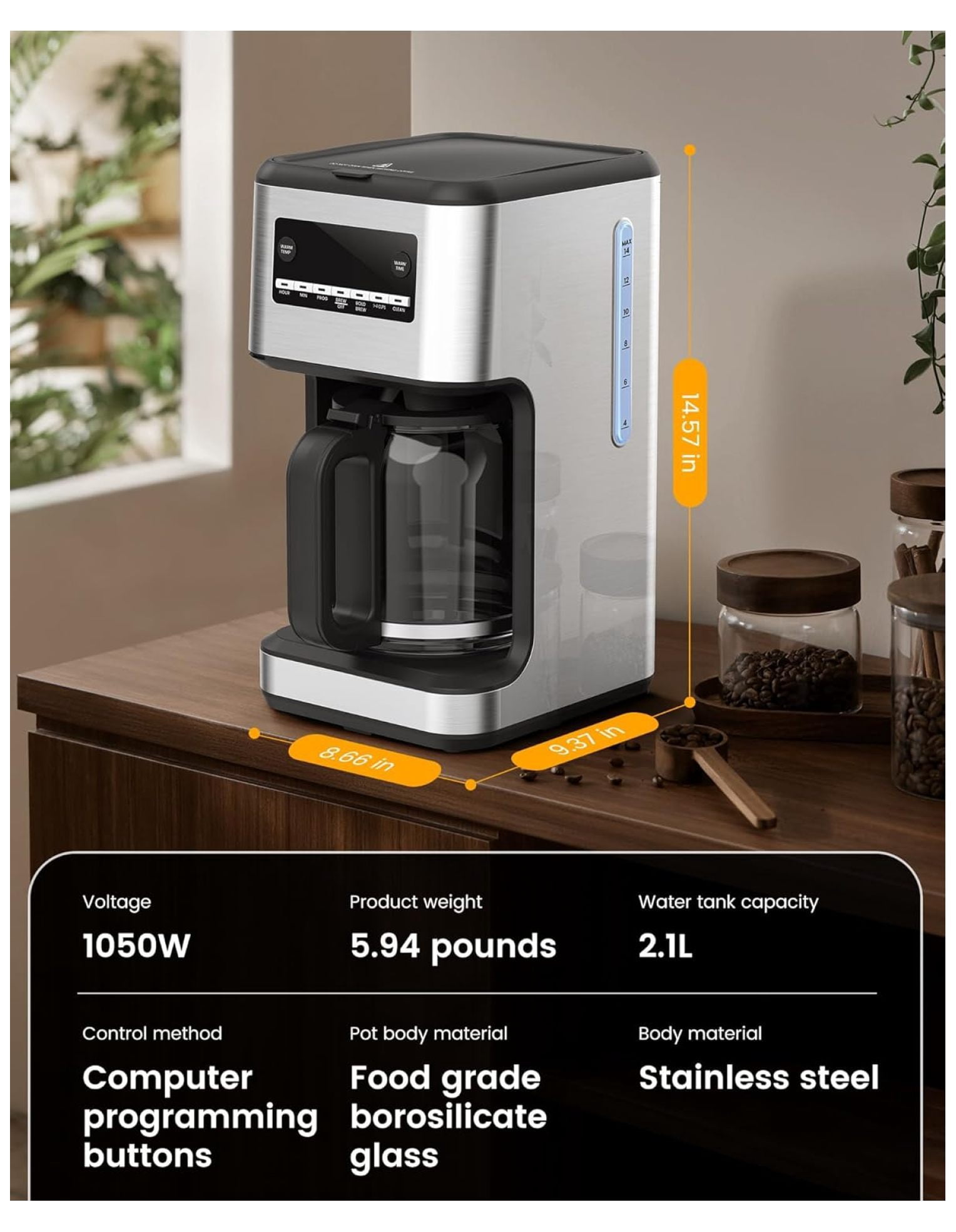 14-Cup Coffee Maker, 24-Hour Programmable Coffee Brewer, Keep Warm, Drip Free, Washable Filter, Stainless Steel, Silver