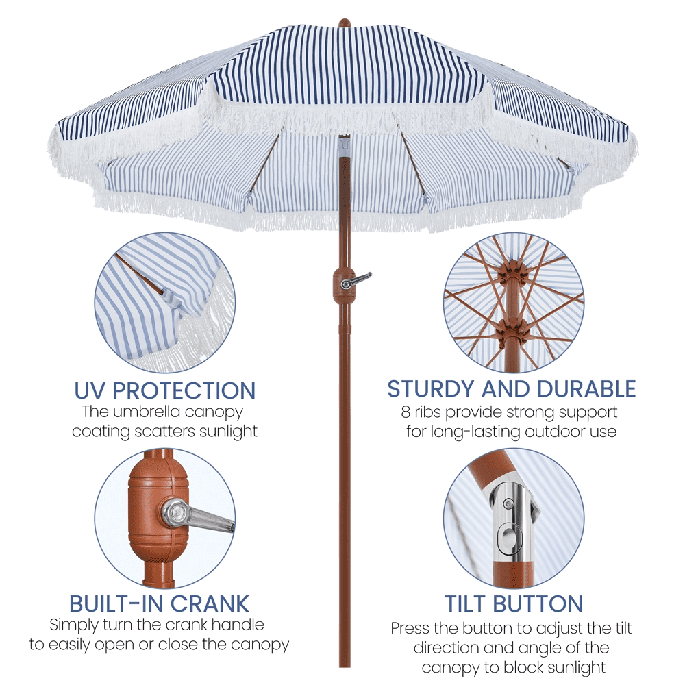 Renwick 7.5Ft Holiday Style Patio Umbrella with Fringe, Blue/White