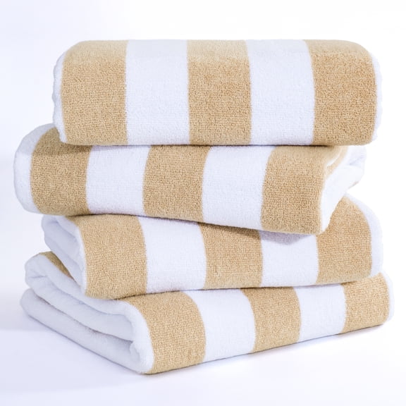 American Soft Linen, 100% Cotton 4-Pack Turkish Cabana Striped Beach Towels – Sand-Free, Soft & Absorbent, 30x60 Inches - Beige