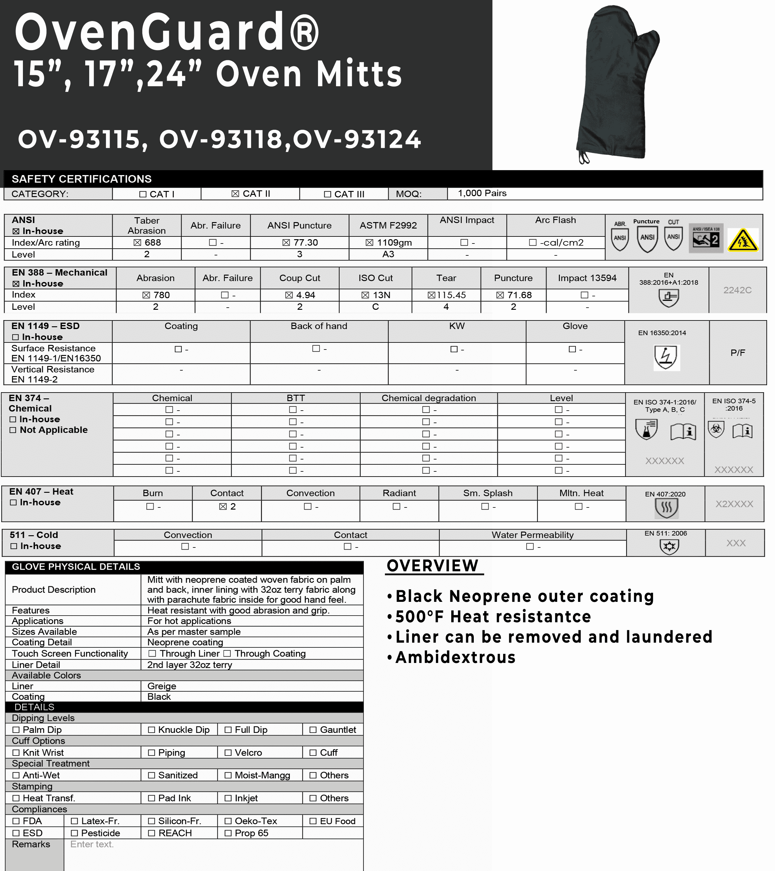 OvenGuard 15" Oven Mitts, Burn & Steam Protection, 500 Degree Temp Rating, Black, Rough Finish on Hand for Grip, Sold by Pair