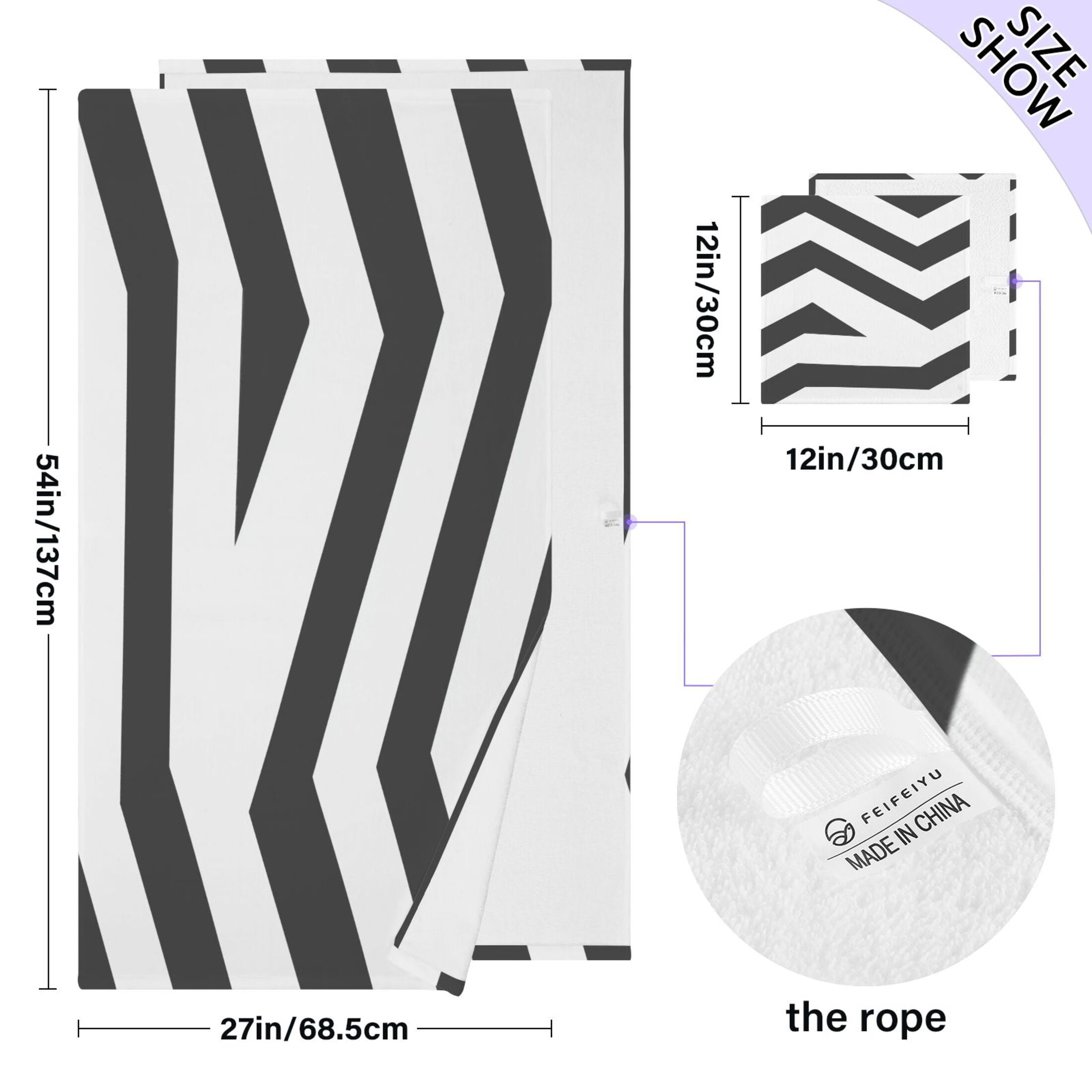 Black and White Stripes 2 Piece Cotton Bath and Face Towel Set Soft and Absorbent, for Beach Pool Bathroom