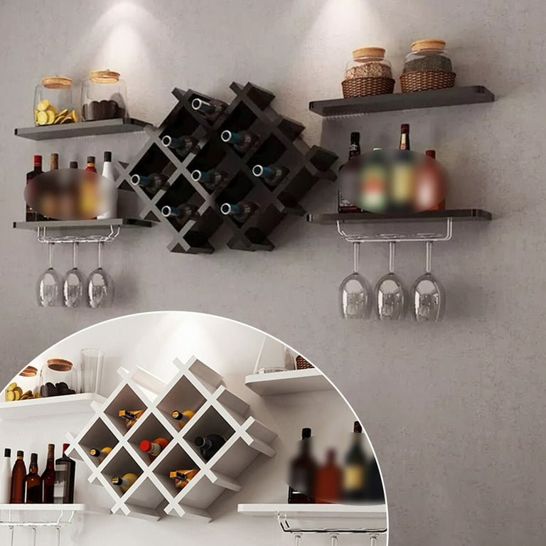 Contemporary Wall Mount Wine Rack Set for 8 Bottles, Wood Black Wine Bottle  Holder with Storage Shelves and Glass Holder for Dining Room Living Room
