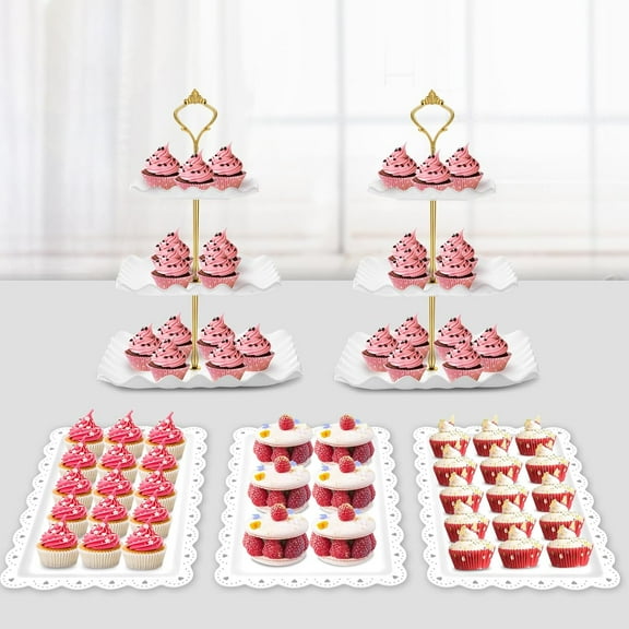 5 Pcs Dessert Table Display Set - 2 X Cupcake Stand Holder/Cup Cake Tier Tower & 3 X Serving Tray Combo for Tea Party, Birthday, Baby Shower (Wave Square)
