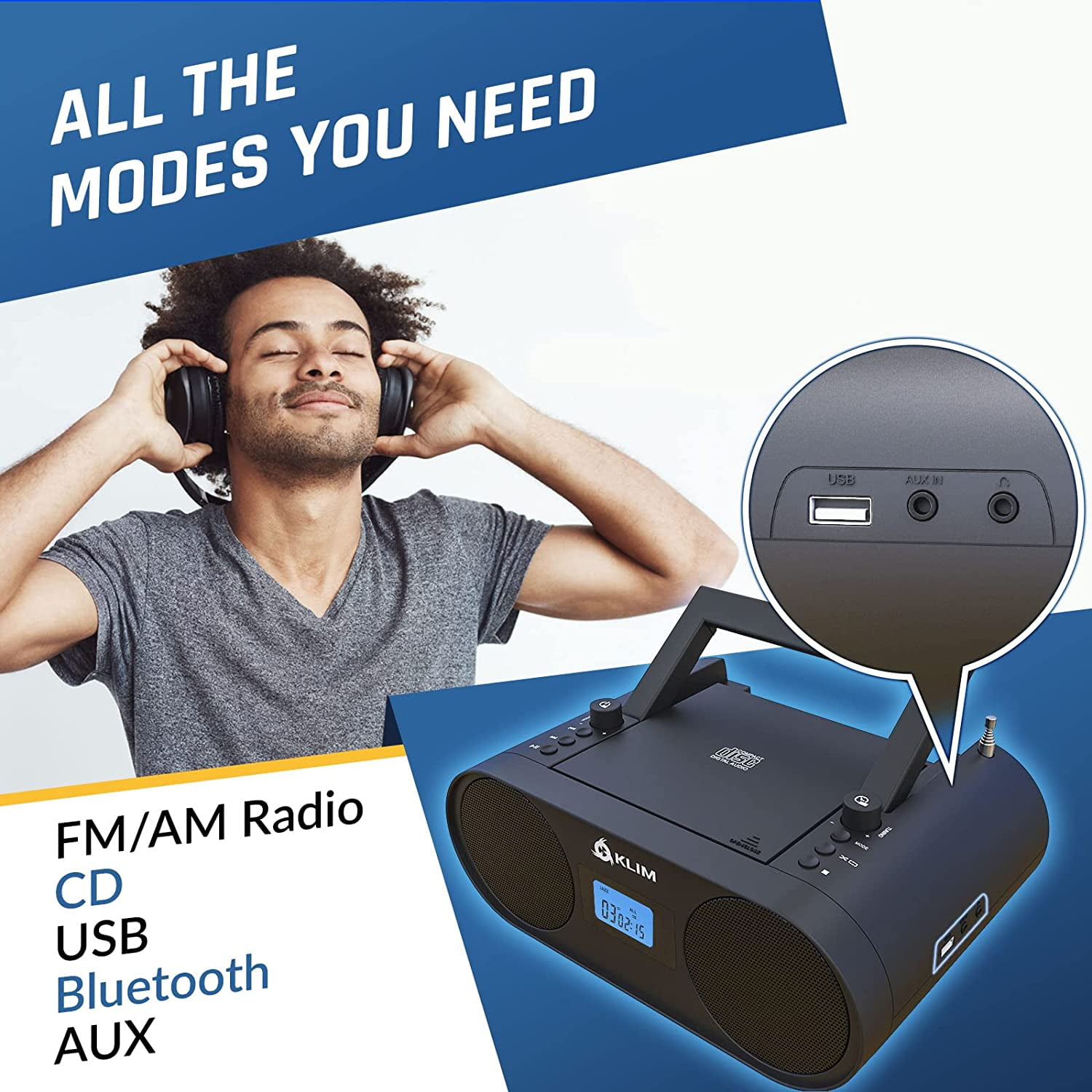 Restored KLIM Boombox B4 CD Player Portable Audio System + AM/FM Radio, MP3, Bluetooth, AUX, USB Wired & Wireless Mode, Rechargeable Battery, Remote (Refurbished)