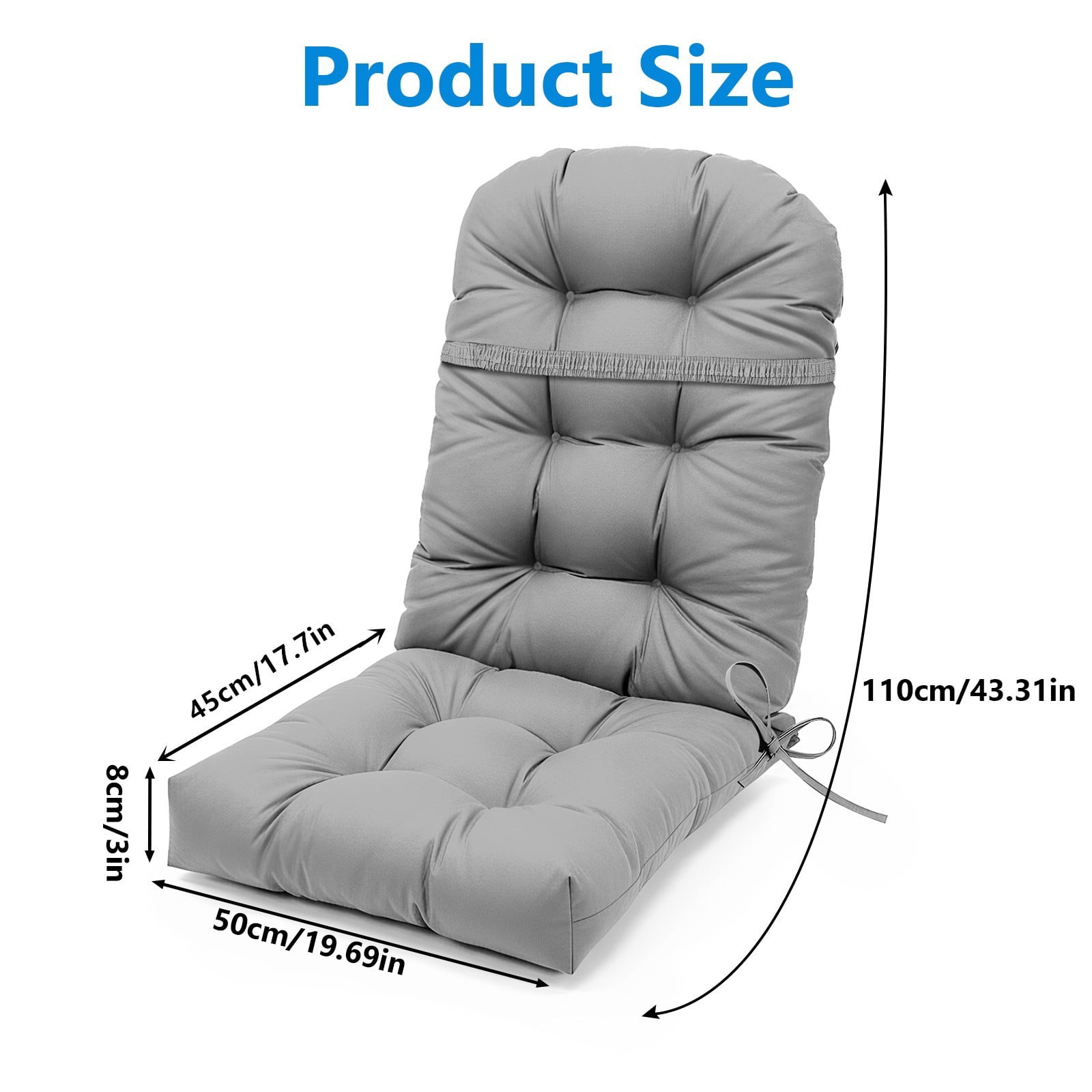TOPCHANCES Outdoor Adirondack Chair Cushion with Ties, Water-Resistant Oxford Fabric High Back Rocking Chair Cushions (Light Gray)