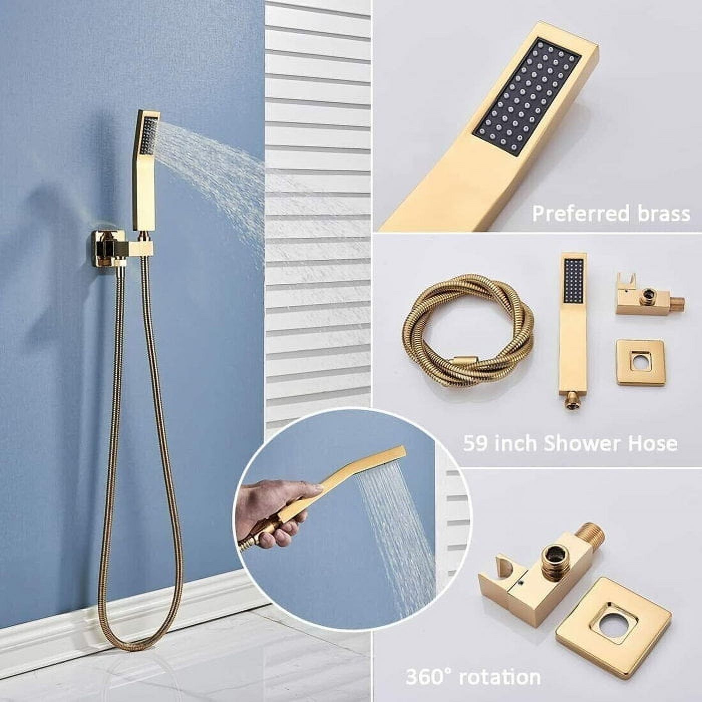 Gold Rainfall 12" Shower Head Combo Set System Faucet Kit with Wall Mixer Valve