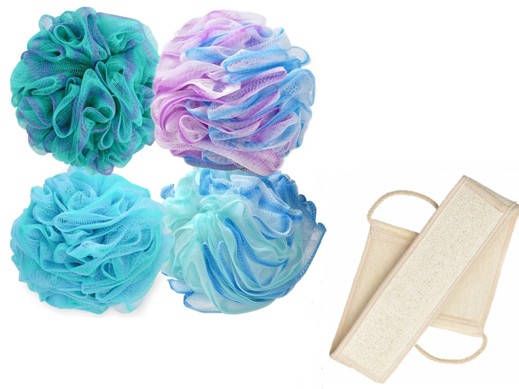 TRIANU 4Pcs Shower Loofah Bath Sponge Pouf with 1 Pcs Natural Loofah ...