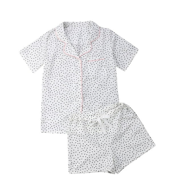 TheFound Femmes 2PCS Pyjama Ensemble Point Rayé Manches Courtes Haut Pantalon Court