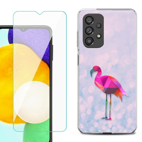Slim-Fit Gel TPU Phone Case for Samsung Galaxy A23 5G, with Tempered Glass Screen Protector, by OneToughShield ® - Flamingo / Polygon