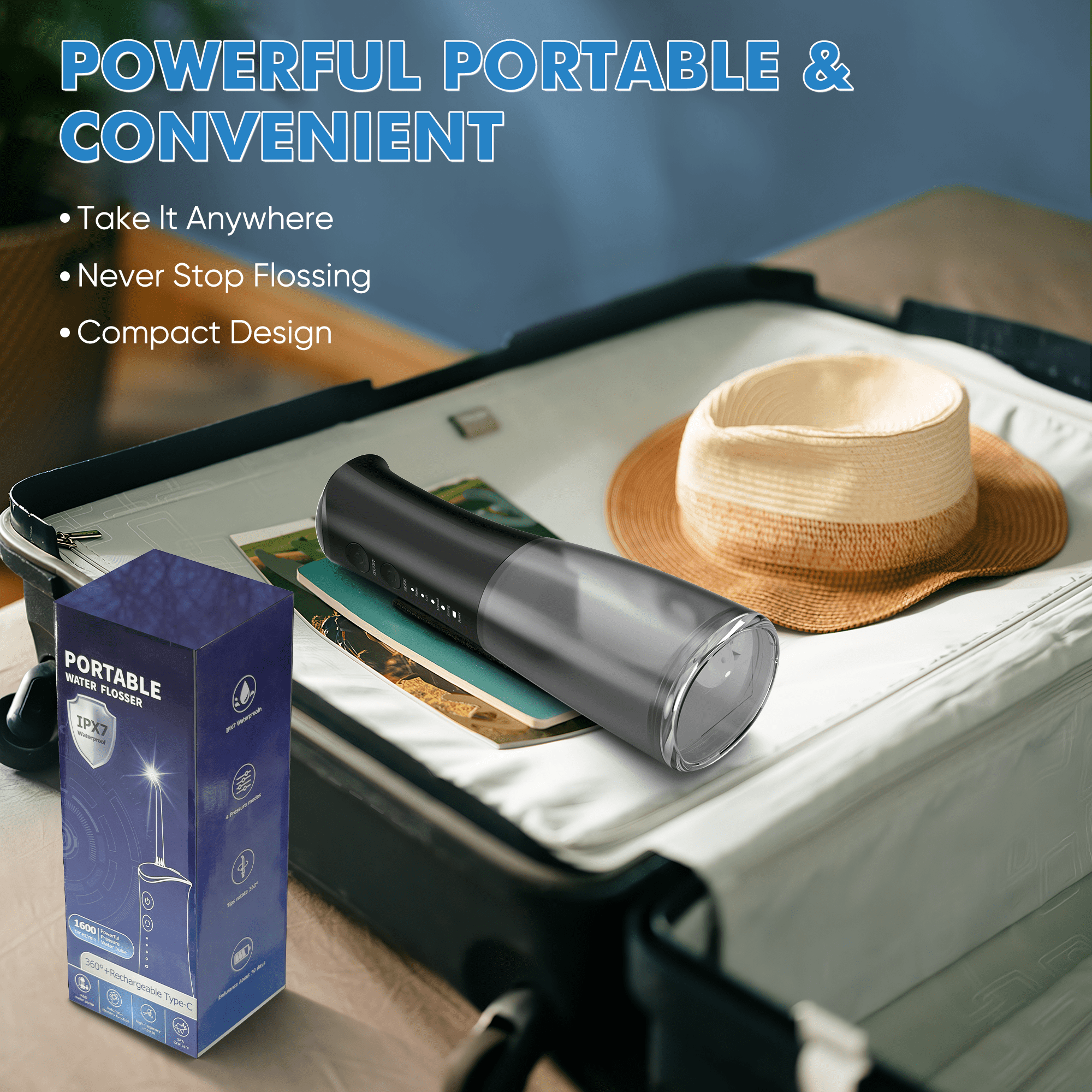 VIIWII Portable Water Flosser – 360ML Oral Irrigator for Teeth & Braces, IPX7 Waterproof, Rechargeable Dental Cleaner with 5 Nozzles, Black