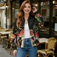 thumbnail image 2 of COEQINE Women's Bomber Jacket Zip Up Varsity Jackets with Pockets, Casual Fashion Motorcycle Coats Cropped Tops Stand Collar Outerwear Windbreaker, X-Large, Mushroom Snail Floral Starry, 2 of 7