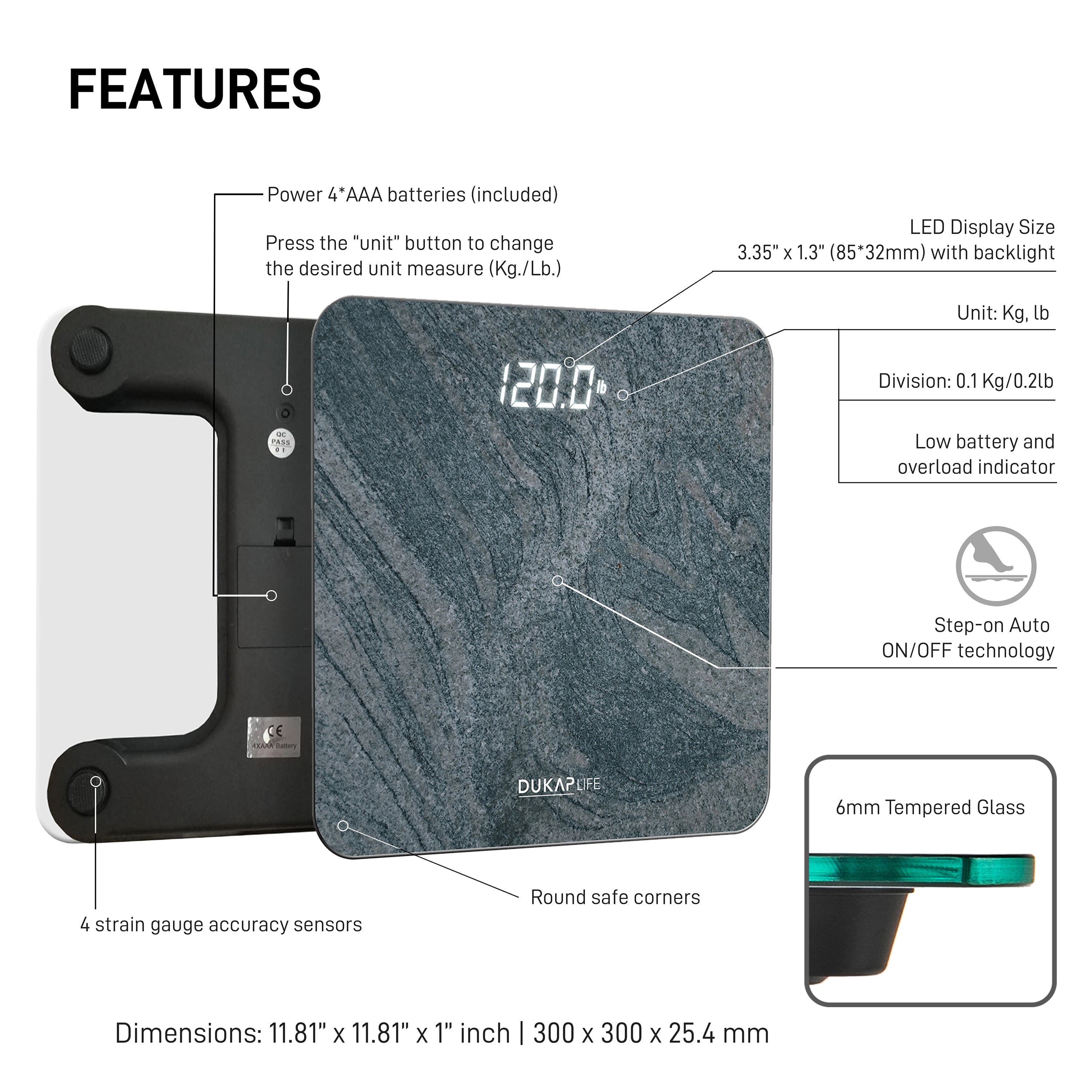 DUKAP LIFE Unique Digital Bathroom Body Weight Scale with Hidden LED Screen Display - Turquoise Marble Design