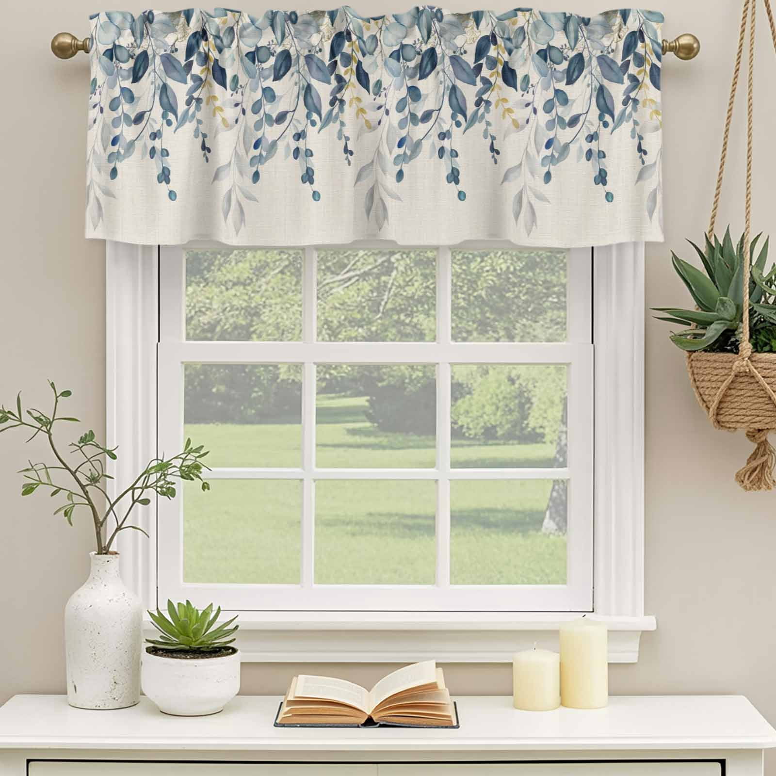 2 Pack Valances for Windows, Navy Blue Eucalyptus Window Valances for Living Room/Bedroom/Bathroom, Farmhouse Weeping Leaves Linen Light Filtering Kitchen Curtain Valance 42"W x12" L