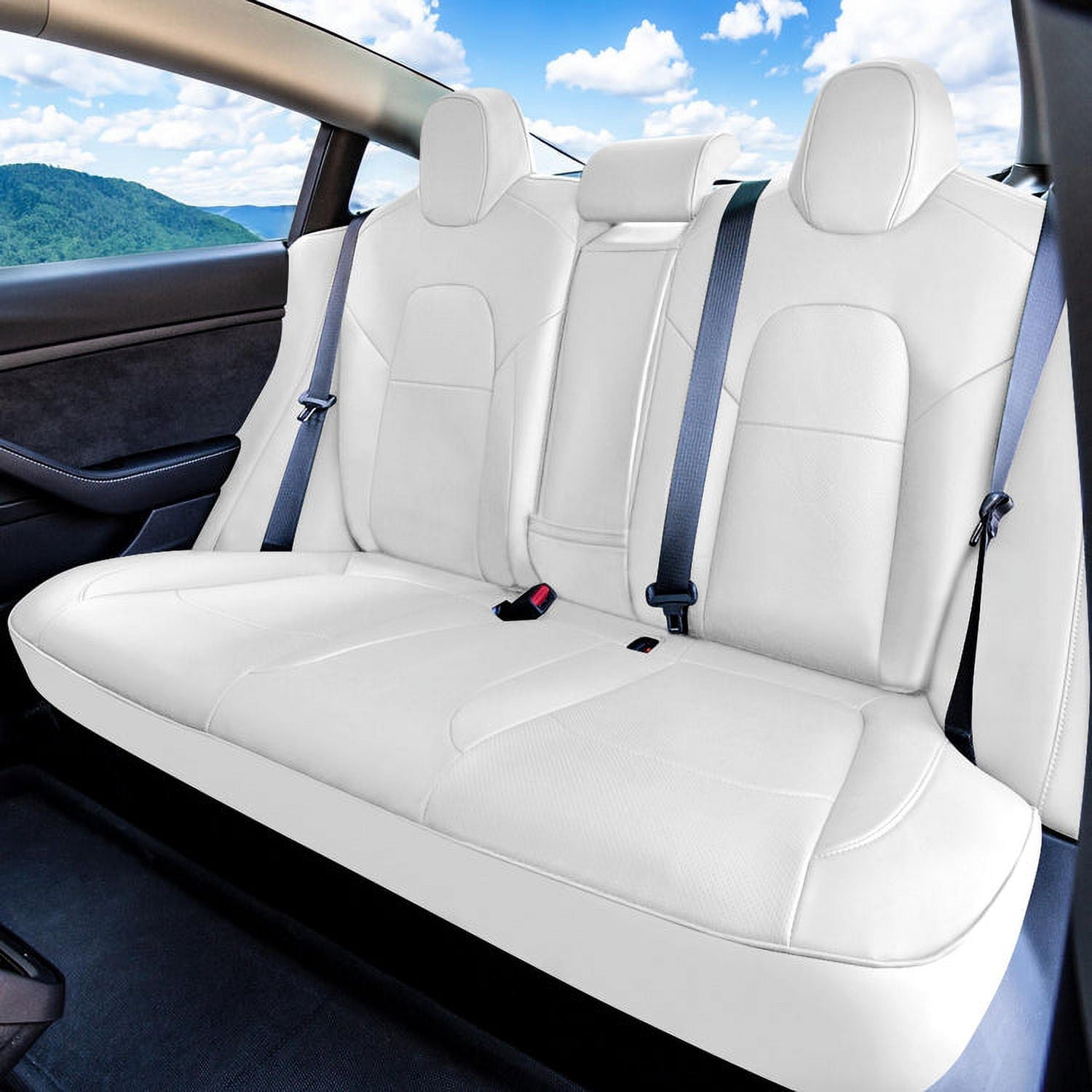 FH Group Faux Leather Car Seat Covers 2017-2024 for Tesla Model 3, Custom Fit Rear Set White with Air Freshener