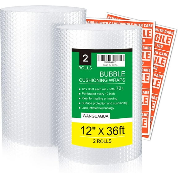 2 Pack 12 Inch x 72 ft Total Bubble Packing Wrap for Moving Boxes Shipping Cushioning Supplies Perforated Every 12”