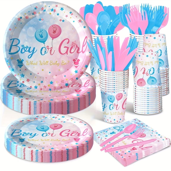 Gender Reveal Party Supplies Set for 24 Guests, 168 PCS Blue and Pink Party Tableware With Plates Napkins Cups and Cutlery, Gender Reveal Decorations Dinnerware Kit for Boy Or Girl Celebration