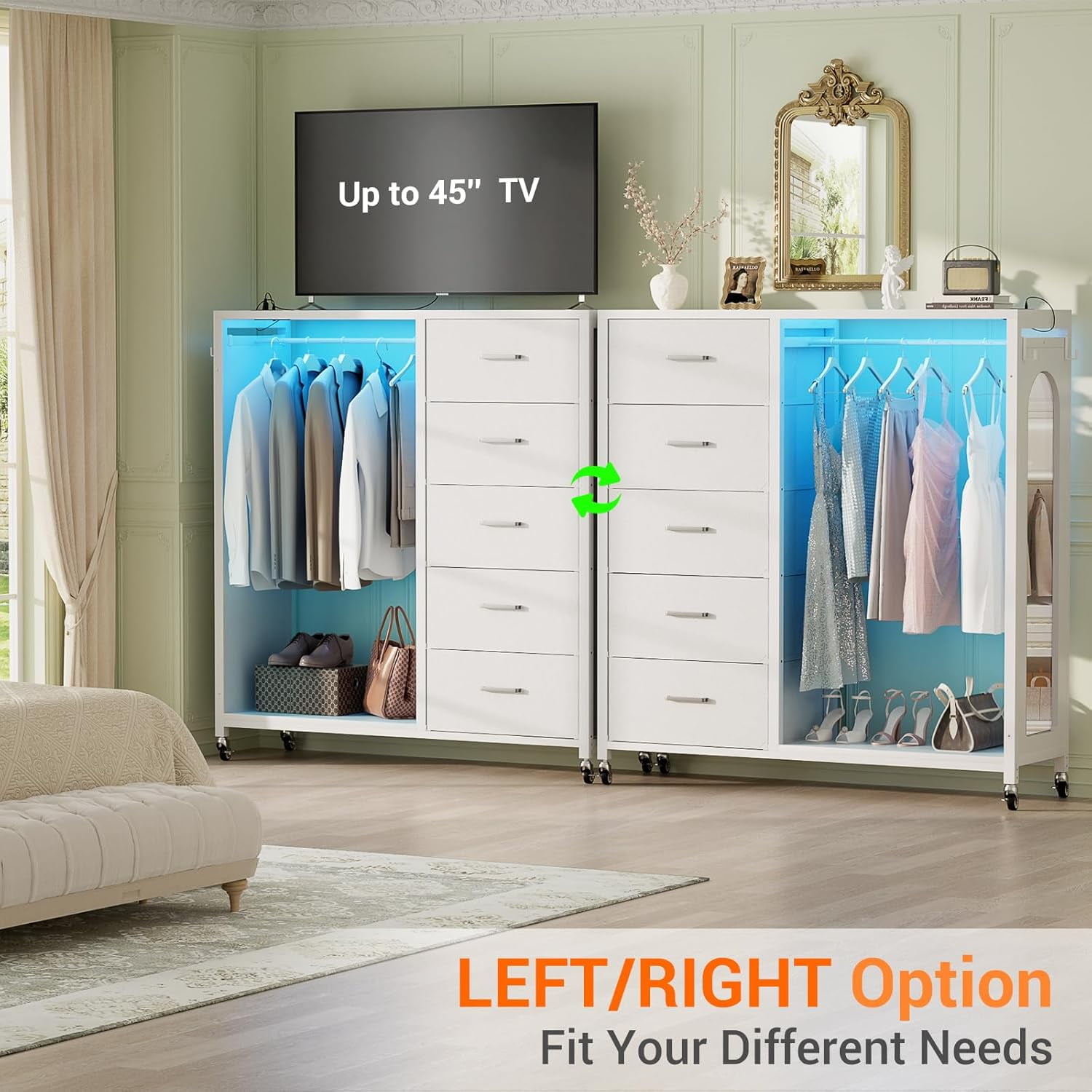 Homieasy Dresser for Bedroom with Clothes Rack & Mirror, Black 5 Drawers Dresser with Charging Station & LED Lights, Rolling Chest of Drawers with Wheels, Full Length Mirror, Wooden Top