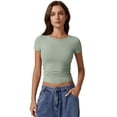 thumbnail image 4 of Camiseta QINSEN de manga corta con cuello redondo para mujer, color verde ahumado, 4 of 6