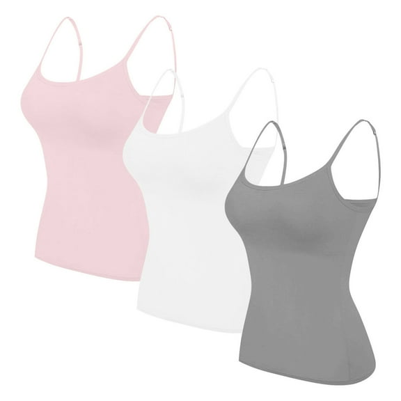 Antqov 3 PC Tank Top for Women, Solid Color Strenchy Skinny with Built in Pads Spaghetti Straps Camisole Base Layer Undershirt, Daily Breathable Comfortable Soft Thermal Vest
