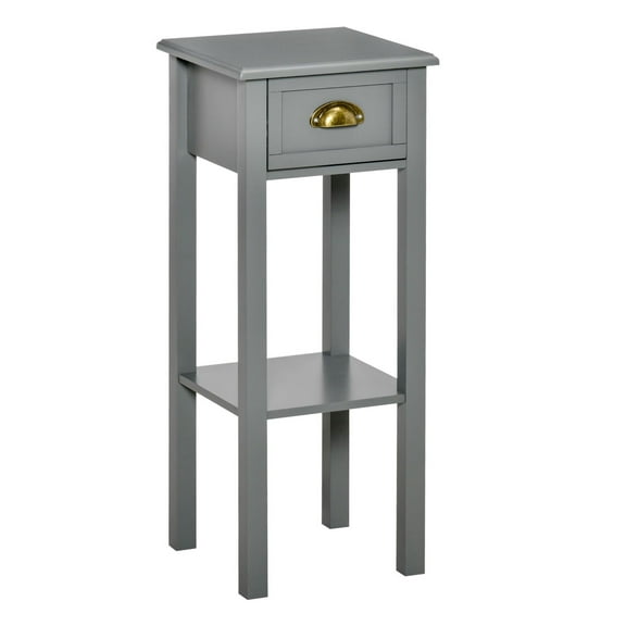 SAZYY Tall 2-Tier Side Table with Drawer, Narrow Nightstand & Accent Table with Bottom Shelf for Space Saving, Bedroom (Gray)