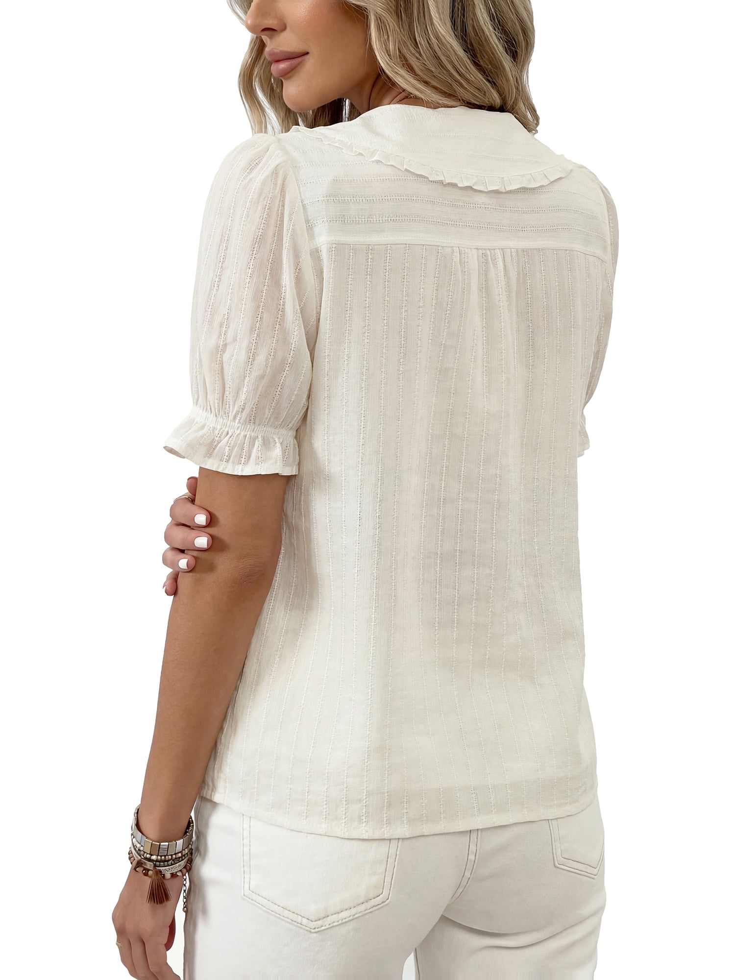 PRETTYGARDEN Women's V Neck Poplin Short Sleeve Button Up Top, Sizes S-XXL