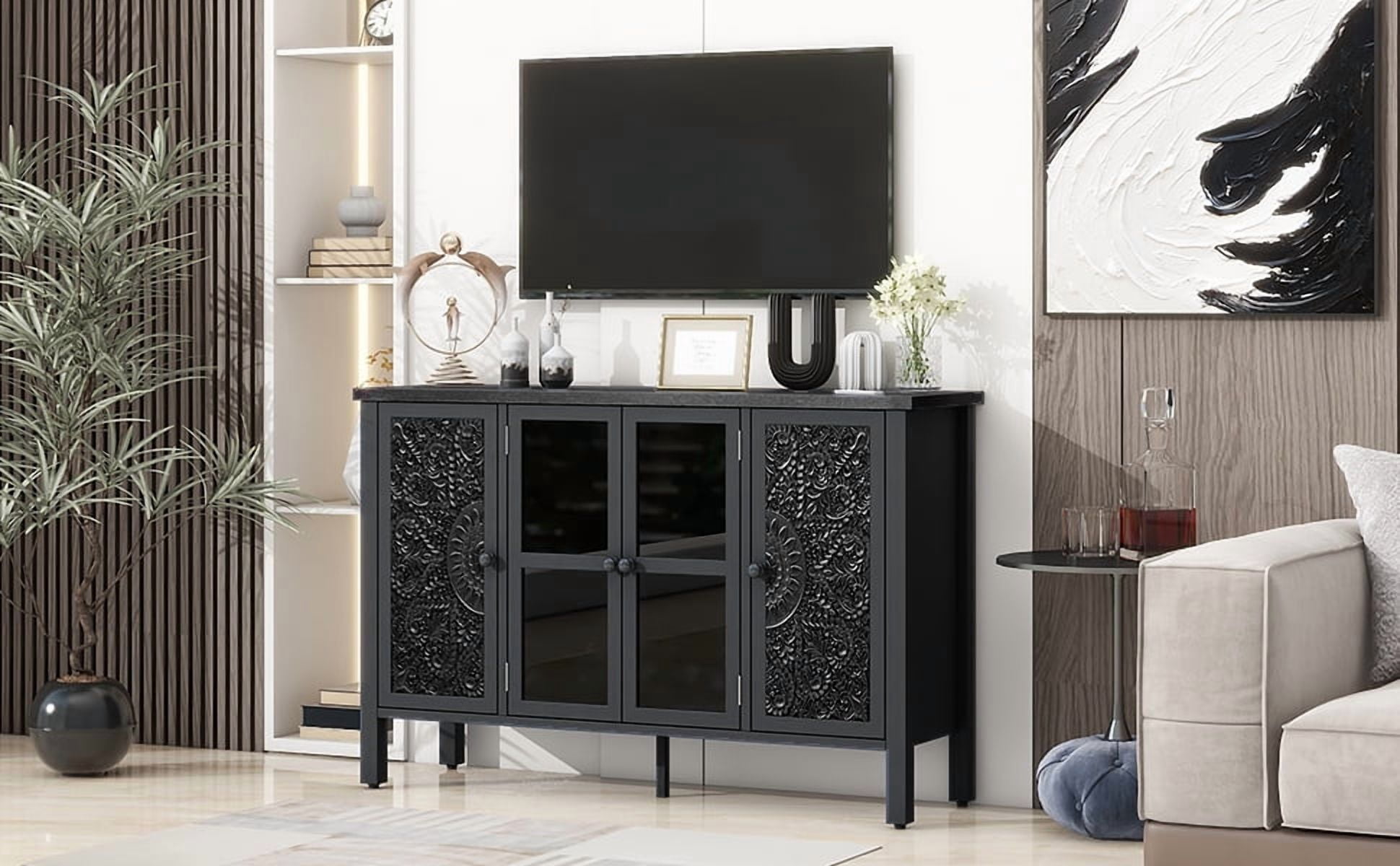 Euroco 47.2" American Retro-Style TV Stand – Media Console with Glass Door, Carved Cabinet Storage, Adjustable Shelves, Anti-Tip Device for TVs up to 43", Entertainment Center
