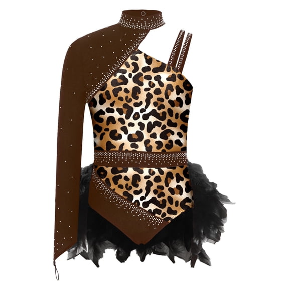 Haitryli Kids Girls Printed Dance Leotard Sparkly Rhinestones Contrast Feather Decor Bodysuit for Ice-skating Brown 14