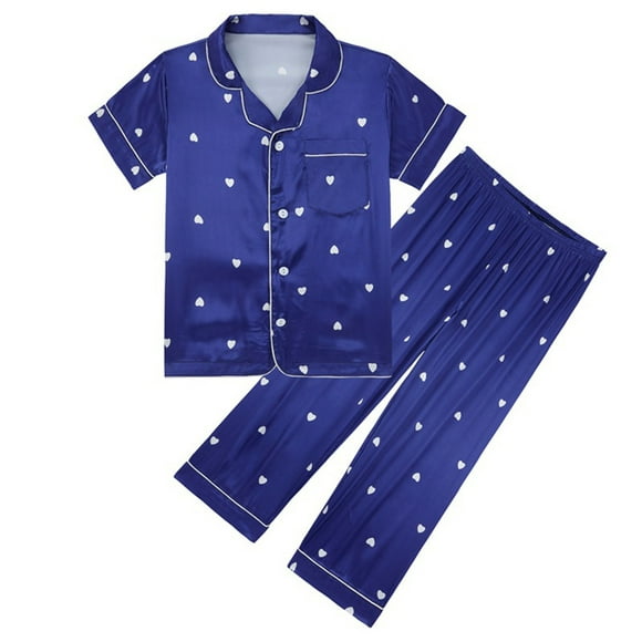 MEZZALL Vêtements de Nuit pour Enfants Filles Bébé Printemps Été Imprimé Dessin Animé Manches Courtes Pantalons Longs Vêtements de Détente Doux, Bleu, 13-14 Ans