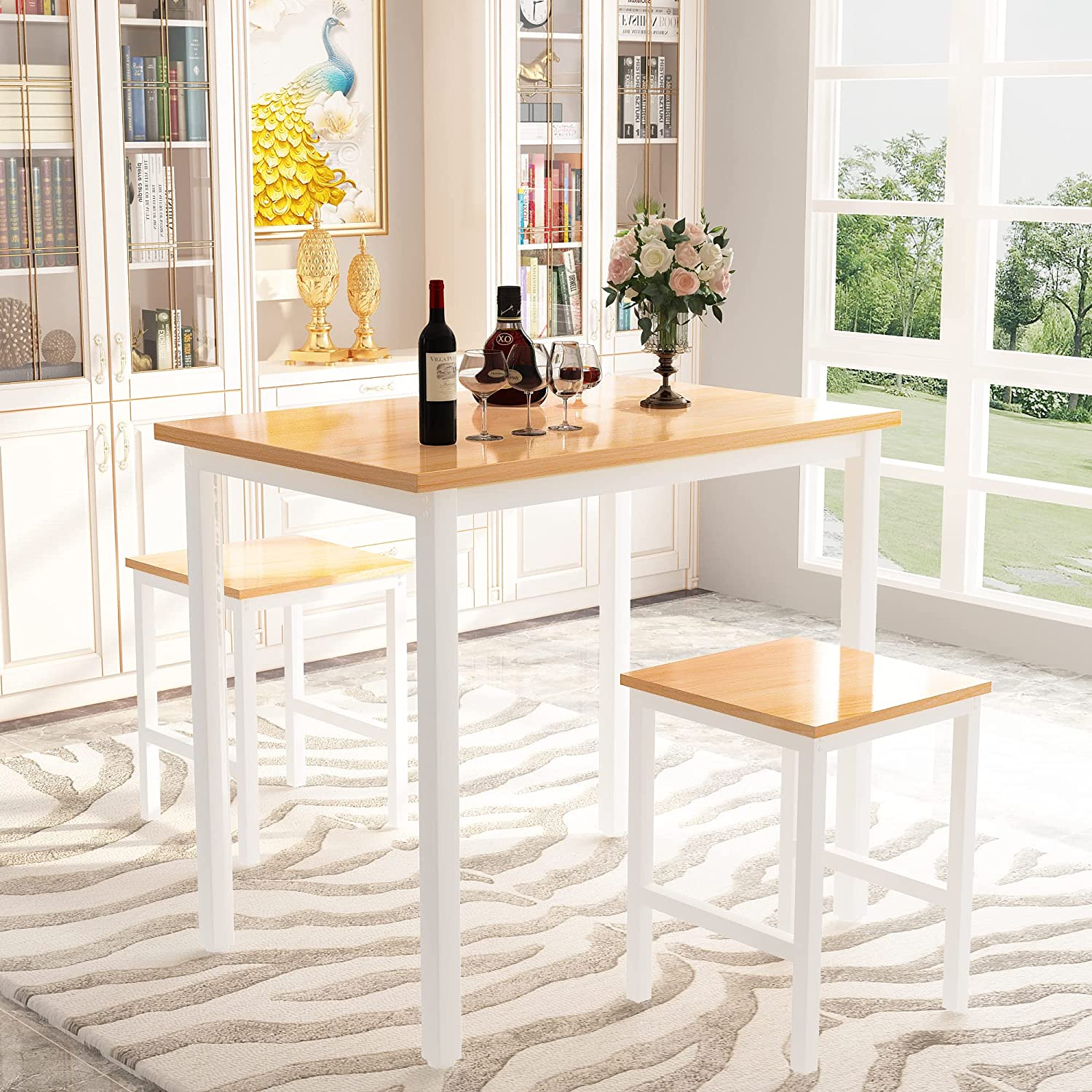 LinkRomat 3 Piece Dining Room Table Set for 2, 47" Farmhouse Dining Table with Benches, Rectangular Kitchen Sets for Small Space, Apartment, Restaurant, White & Walnut