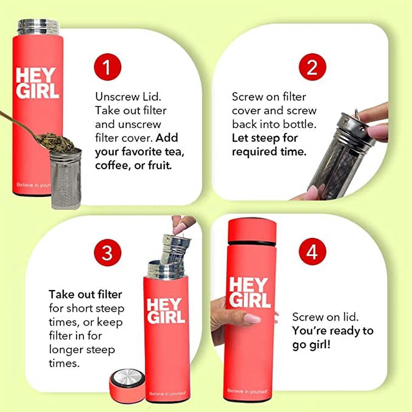Hey Girl Tea Infuser Bottle 450ml - Insulated Stainless Steel Water Bottle (Coral Red)