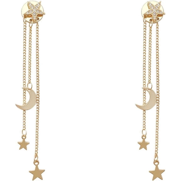 Asymmetrical Star Moon Tassel Drop Dangle Earrings for Women Dainty Long Lucky Star Crescent Planet Chain Tassel Earrings (Gold:A)