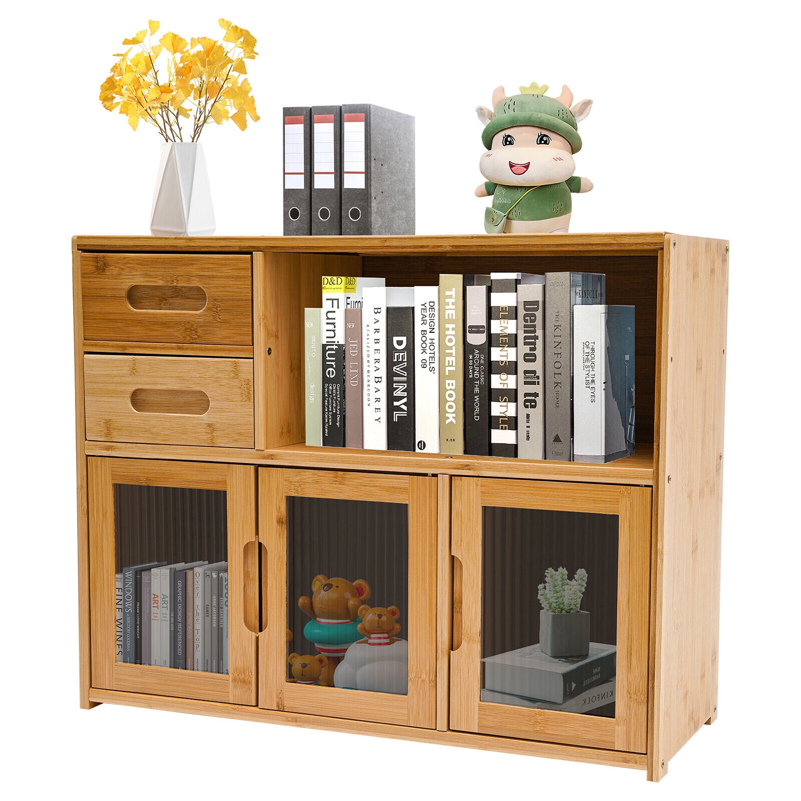 Bamboo Countertop Shelf Storage Cabinet Shelf Kitchen Pantry Sideboard with 2 Drawers