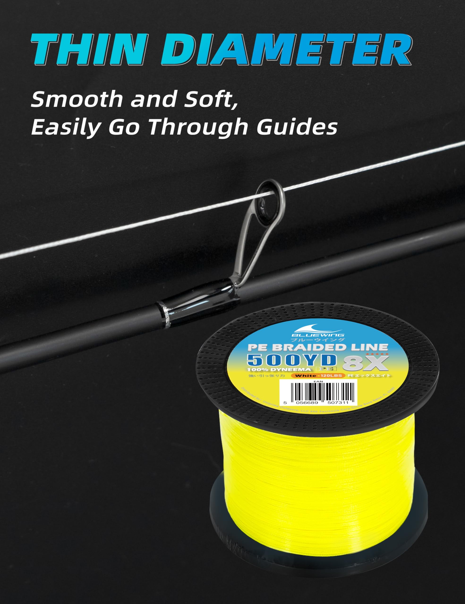 BLUEWING Braided Fishing Line 8 Strands PE Braid Fishing Lines Thin Diameter & Abrasion Resistant Fishing String for Saltwater Fishing 100LBS 500YD Yellow