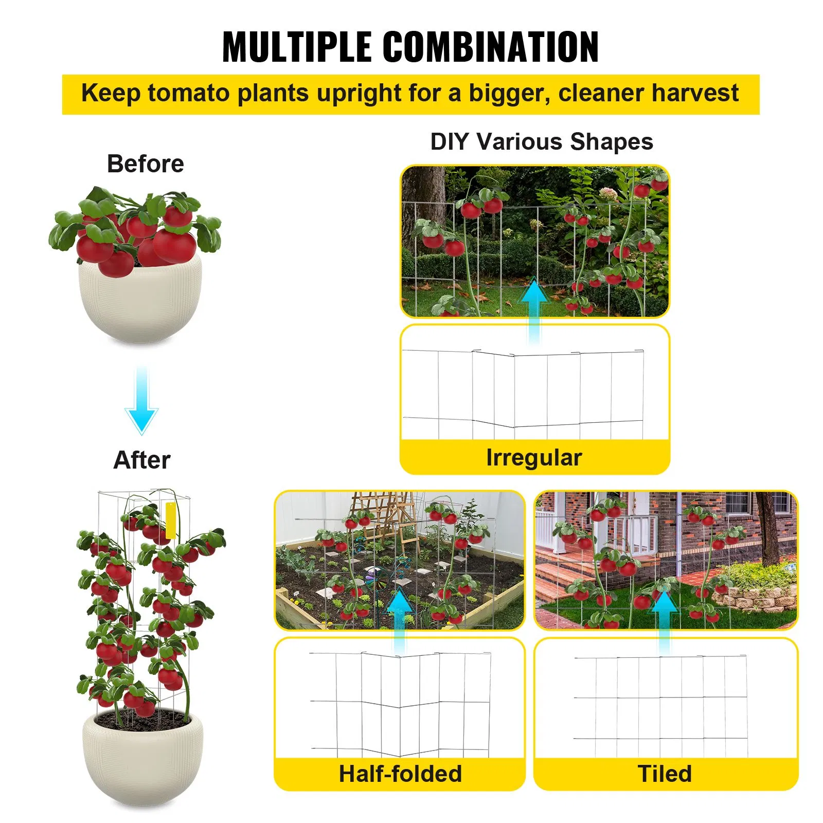 Set of 5 Tomato Cages 11.8x11.8x46.1 Inches,Durable Silver PVC-Coated Steel Support Towers for Climbing Vegetables,Flowers,and Fruits