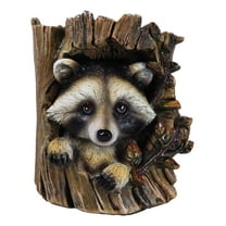 Rustic Western Lifelike Gray Raccoon Hiding In Tree Trunk Decorative Figurine