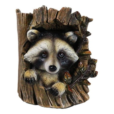 Rustic Western Lifelike Gray Raccoon Hiding In Tree Trunk Decorative Figurine