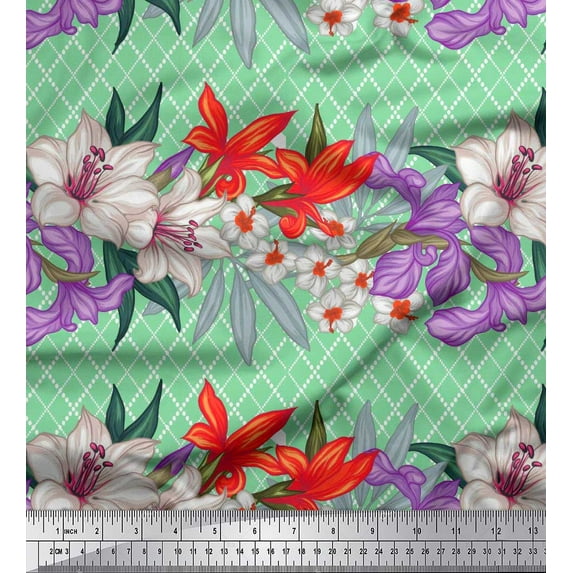 Soimoi Green Cotton Duck Fabric Geometric Check,Lily & Floral Decor Fabric Printed Yard 42 Inch Wide