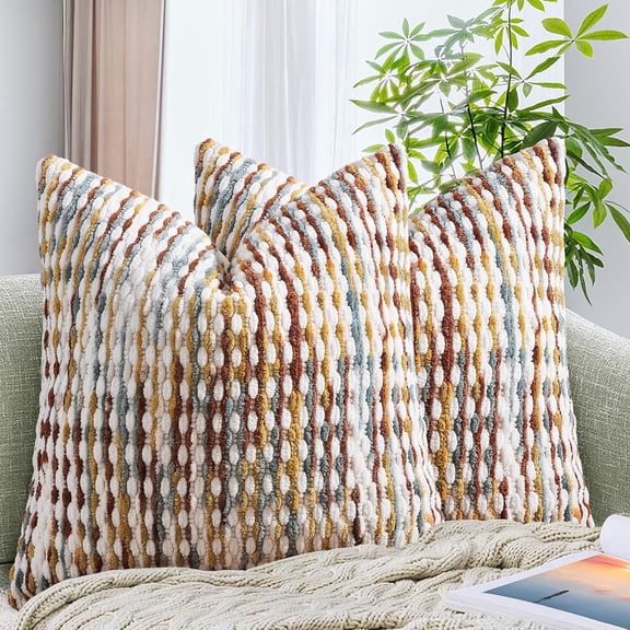 MORAVE Set of 2 Boho Chenille Pillow Covers, Tufted Decorative Pillowcases, 18x18 Inch Brown for Couch Bed Sofa Living Room