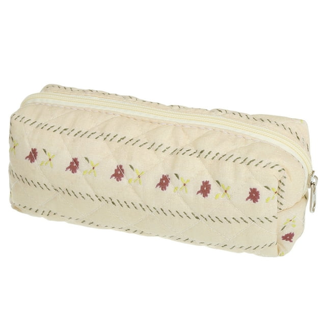 1 Pc Bolsa de Maquillaje Pequeña Acolchada de Rayas para Mujeres, Duradera, para Vacaciones y Viajes, Rojo Beige, Algodón