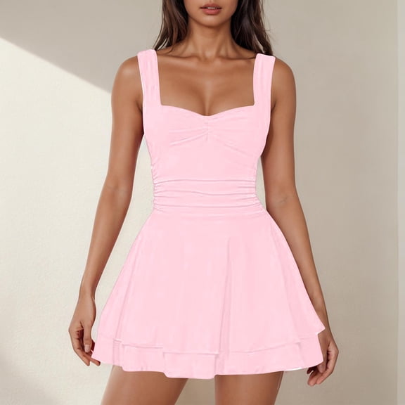 Teyfeniy Women Mini Dresses Summer Spring Casual Dress Square Neck Sleeveless Going Out Date Holiday Vacation Party Fashion Outfit Solid Color Short Dresses