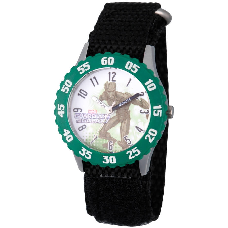 Guardians of the Galaxy Evergreen Groot Boys' Stainless Steel Time Teacher Watch,Green Bezel, Black Hook and Loop Nylon Strap