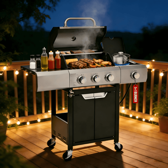 Sesslife 3 Burner Propane Gas Grill, Stainless Steel BBQ Grill with Side Burner, 40500 BTU Portable Outdoor Cooking for Camping, Patio, Backyard, Black