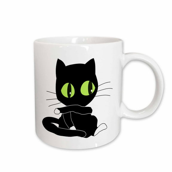 3drose, Black Cat with Large Green Eyes N White Paws, 15oz Mug
