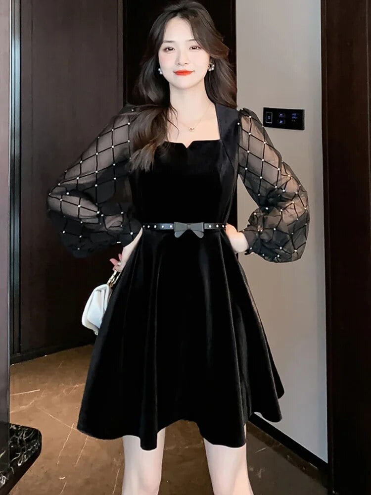 Autumn Winter Black Velvet Patchwrok Mesh Mini Dress Women