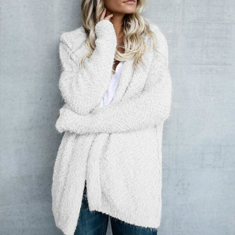 Hfyihgf Women Hooded Cardigan Sweaters Fuzzy Knit Long Sleeve Jacket Winter Open Front Sweater Coat Oversized Slouchy Outwear White L