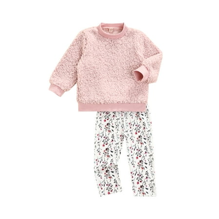 

2-6Years Baby Girl Velvet Tops Floral Pants Suit Long Sleeve Round Neck Blouse Loose Trousers