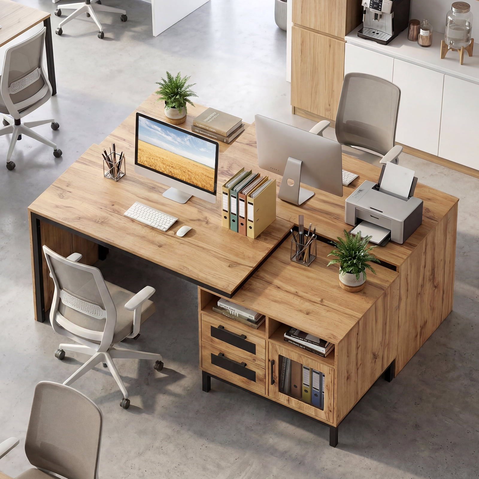 Costway 71” Executive Desk with Open Compartments, Storage Drawers & Single-Door Cabinet Natural