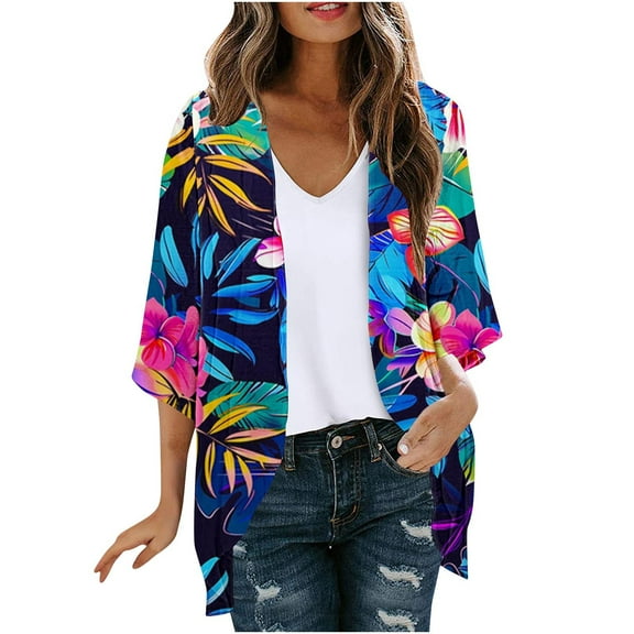 Meichang Kimono Cardigans for Women Dressy Open Front Chiffon Cardigan Floral Print 3/4 Sleeve Kimono Summer Tops Boho Beach Cover Up