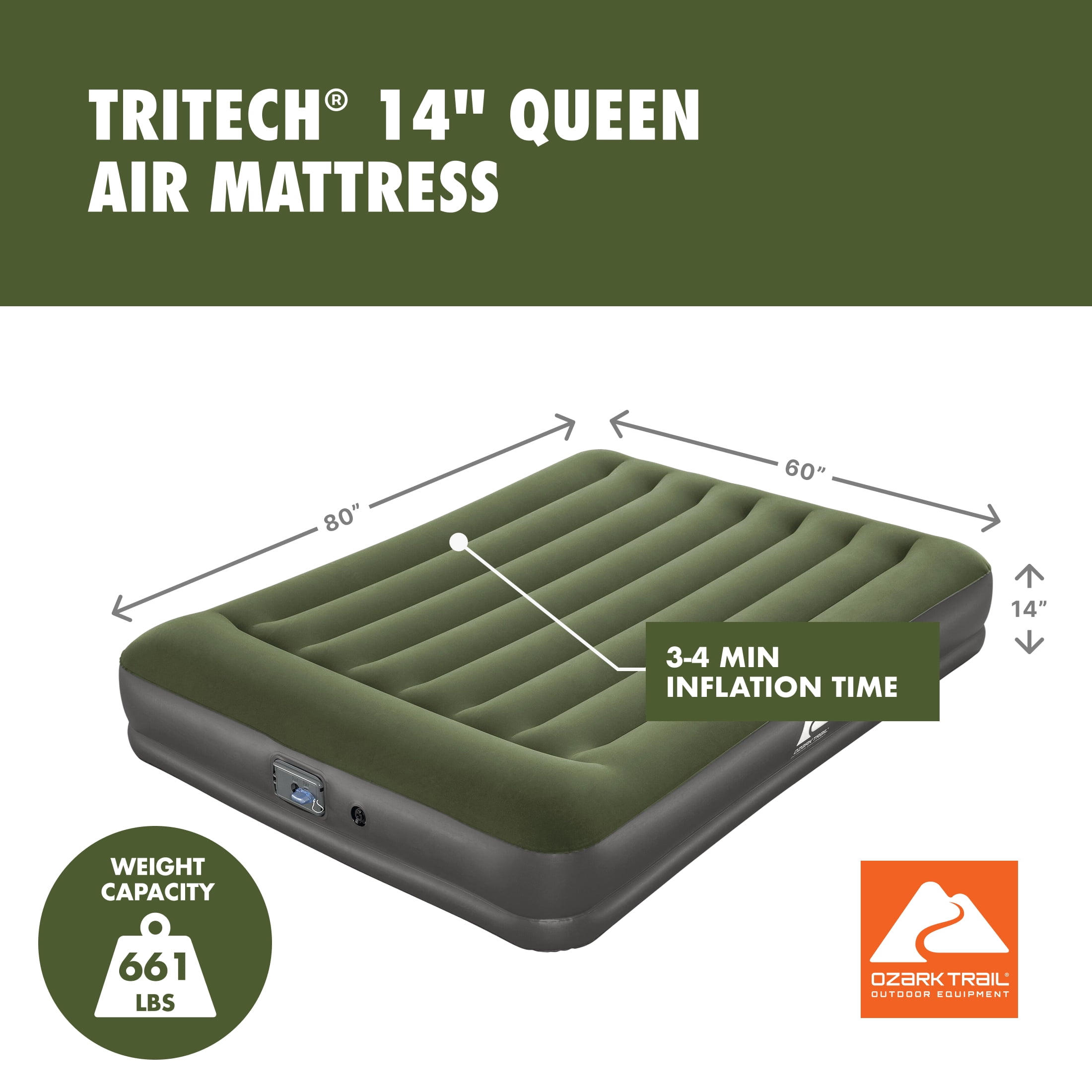 Ozark Trail Tritech Airbed Queen 14Inch With In & Out Pump